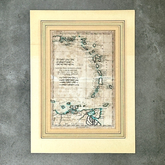 Carte aquarellée des Antilles - Gravure de 1785 - Réalisation de l’ingénieur hydrographe de la Marine, M. Bonne