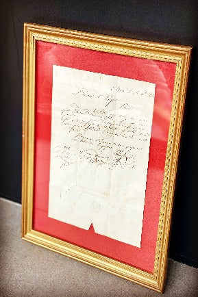 Lettre ancienne (1836) encadrée - cadre bois doré et velours rouge