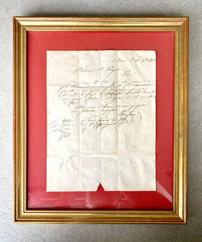 Lettre ancienne (1836) encadrée - cadre bois doré et velours rouge