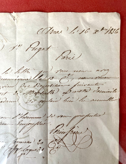 Lettre ancienne (1836) encadrée - cadre bois doré et velours rouge