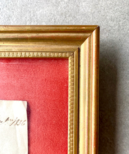 Lettre ancienne (1836) encadrée - cadre bois doré et velours rouge